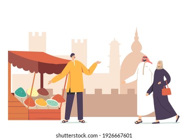 Local Male Female Characters in Arab Dress Visit Arabic Market Walking at Stall with Vendor Offering Spices on Arabic Architecture Background with Mosque and Towers. Cartoon People Vector Illustration
