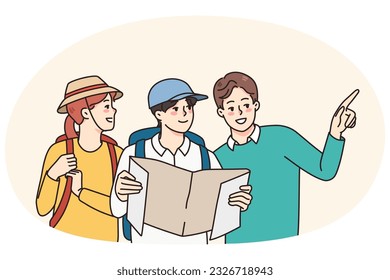 Un hombre local ayuda a la pareja de viajeros a encontrar el camino. Los hombres muestran a los turistas en la dirección correcta. Problemas de viaje y aventura. Viajes y turismo. Ilustración vectorial.