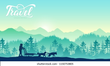 A local man rides a dog sled through a forest at the North Pole design concept. Man musher hiding behind sleigh at sled dog race on snow in winter. Huskys in Sibratsgfaell, Austria background.