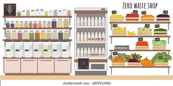 Local marker, grocery store, zero waste shop. Dispenser for bulk products without packaging. 
Refundable milk bottles. No plastic. Hand drawn vector illustration.