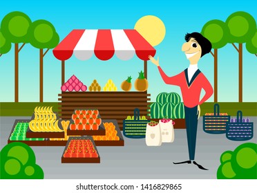 Local market counter open air with fresh, juicy, organic and healthy fruit. Flat style vector illustration.
