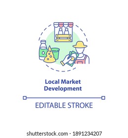 Local Market Development Concept Icon. Farmer Sell Cow Milk. Dairy Industry And Cheese Production Idea Thin Line Illustration. Vector Isolated Outline RGB Color Drawing. Editable Stroke