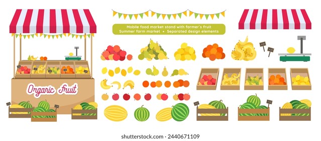 Local market farm fruit kiosk. Merchandise food stall with canopy. Summer vector illustration set flat clipart. Separated design elements fruits. Food market stand awning book game graphics isolated.