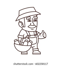Local market farmer in hat holding a basket with milk bottles in his hands. Vector illustration of a character. Black and white. Thin lines. Isolated on white background.