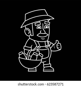 Local market farmer in hat holding a basket with milk bottles in his hands. Vector illustration of a character. Black and white. Thin lines. Isolated on dark black background.