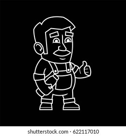 Local market farmer holding a bottle of milk in his hands. Vector illustration of a character. Black and white. Thin lines. Isolated on dark black background.