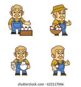 Local market farmer with milk. Vector illustration with set of characters. Flat style. Isolated on white background.