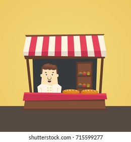 Local market farmer selling bread and muffins. Bakery shop. Modern flat style.