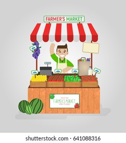 Local market farmer selling diary, fruits, vegetables on his stall with cash box. Realistic flat vector illustration isolated on white background.