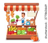 Local market farmer selling vegetables produce on his stall with awning. Modern flat style realistic vector illustration isolated on white background.