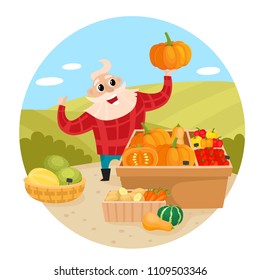 Local market farmer selling vegetables and fruits in cartoon style isolated on white. Vector illustration of old man holding pumpkin and fresh natural organic products on counters, in basket.
