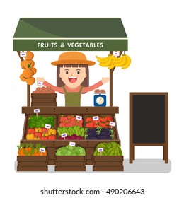 Local market farmer selling vegetables produce on his stall with awning. Modern flat style realistic vector illustration isolated on white background.