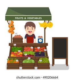 Local market farmer selling vegetables produce on his stall with awning. Modern flat style realistic vector illustration isolated on white background.