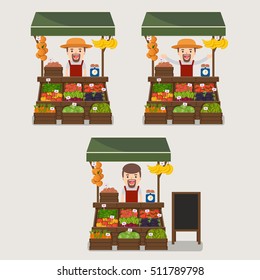 Local market farmer selling vegetables produce on his stall with awning. Modern flat style realistic vector illustration isolated on white background.