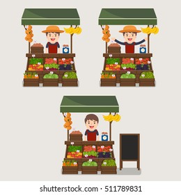 Local market farmer selling vegetables produce on his stall with awning. Modern flat style realistic vector illustration isolated on white background.