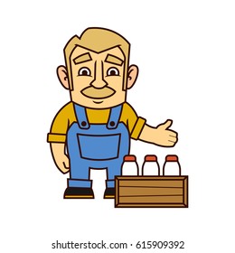 Local market farmer sells a wooden box of milk in bottles. Vector illustration of a character. Flat style. Isolated on white background.