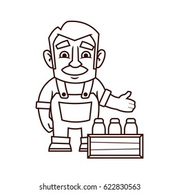 Local market farmer sells a wooden box of milk in bottles. Vector illustration of a character. Black and white. Thin lines. Isolated on white background.