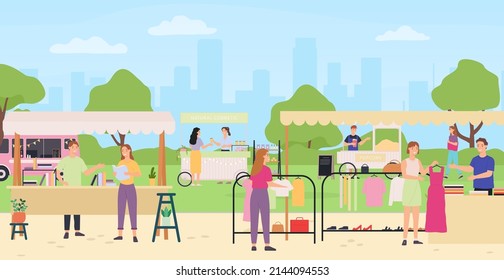 Local market with goods. People walking between counters and buying things. Man and woman standing at counters and selling popcorn, natural cosmetic, books and clothing to customers vector