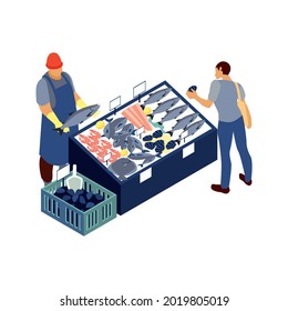 Local Market Icon With Fishmonger Selling Fish And Seafood 3d Isometric Vector Illustration