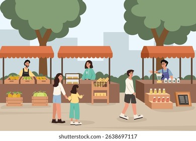 Local market illustration. People shopping at local market. Farmer market scene. Agriculture product. Fresh product. 