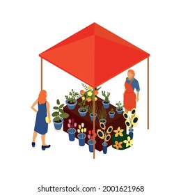 Local market isometric icon with vendor selling flowers and potted plants under tent 3d vector illustration