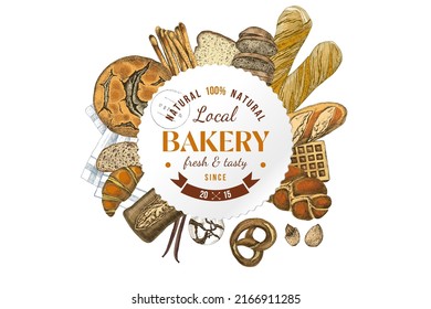 Etiqueta del mercado local con variedad de pan