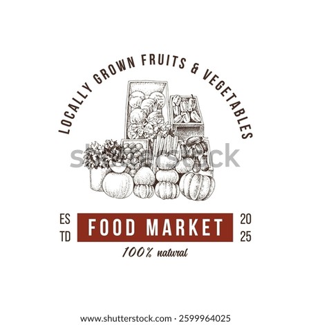 Local market logo template with stand of vegetables