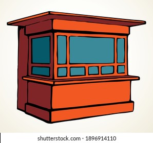 Local market mall booth boutique box stand house facade exterior  White text space  Red color hand empty town fruit cook hut symbol  Small urban cooking ice cream rack in art retro book cartoon style