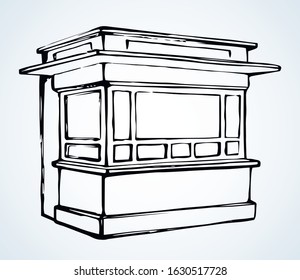 Local market mall cash booth boutique box stand house exterior. White text space. Black line hand empty town fruit cook hut symbol. Small urban cooking ice cream rack in art retro book cartoon style