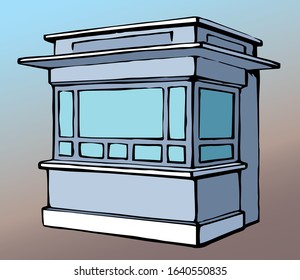 Local market mall cash booth boutique box stand house exterior. White text space. Black line hand empty town fruit cook hut symbol. Small urban cooking ice cream rack in art retro book cartoon style