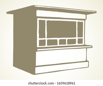 Local market mall cash booth boutique box stand house exterior. White text space. Black line hand empty town fruit cook hut symbol. Small urban cooking ice cream rack in art retro book cartoon style