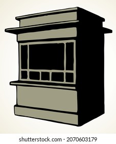 Local market mall cash booth boutique box stand house exterior. White text space. Black line hand empty town fruit cook hut symbol. Small urban cooking ice cream rack in art retro book cartoon style