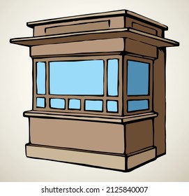 Local market mall cash booth boutique box stand house exterior. White text space. Brown color hand empty town fruit cook hut symbol. Small urban cooking ice cream rack in art retro book cartoon style