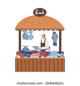 Local market on city street, stall of shop with frozen, dried and salted fish, fresh natural food, the catch of fisherman. Flat vector illustration isolated on a white.