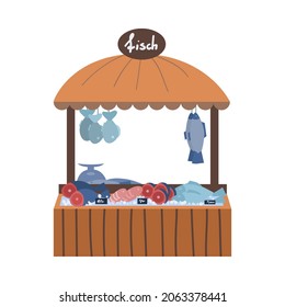 Local market on city street, stall of shop with frozen, dried and salted fish, fresh natural food. Flat vector illustration isolated on a white background.