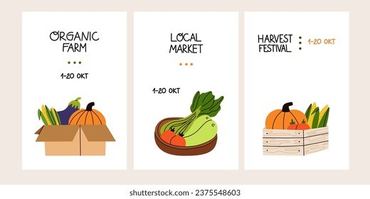 Local market, organic farm shop, harvest festival greeting and invitation banner and poster. Social media post. Grocery in eco package, box and bag, trolley and basket cartoon flat vector illustration