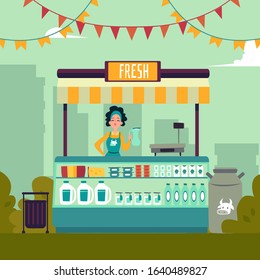 The local market place with dairy products on the background of a big city. The young woman behind the counter sells milk vector illustration of the market place in a flat cartoon style.