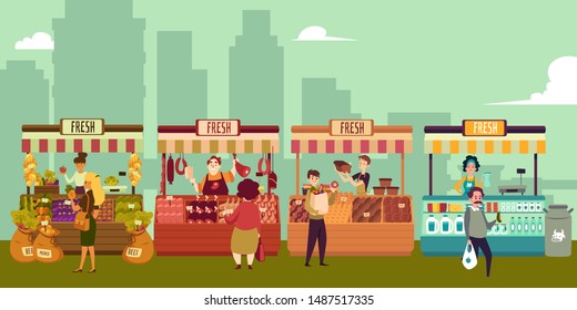 Local market place with fresh food in a big city. Buyers buy meat and milk, fruits and vegetables, bread and cheese from local market sellers. Isolated vector illustration in flat cartoon style.