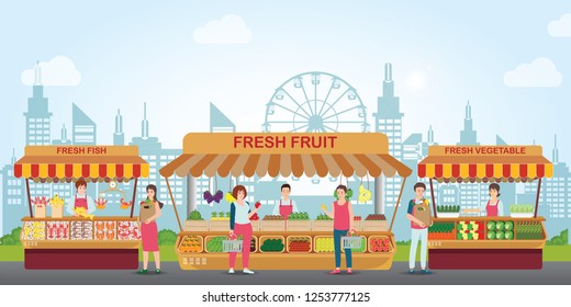 Local Market Place With Fresh Foods, Fish Market, Fresh Fruit And Vegetable On City View Background, Cartoon Characters Flat Style Vector Illustration.