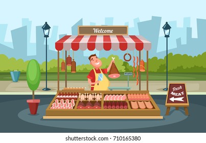 Local market place with fresh foods. Vector illustrations in cartoon style. Butcher shop, store street with assortment meat