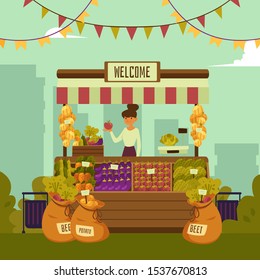 Local market place with vegetables and fruits with landscape of a big city. Young woman seller stands behind organic market place, vector illustration of market place in flat cartoon style.