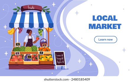 Local market poster. Natural and organic products. Farming and agriculture. Woman in vendor with fruits and vegetables. Commerce and retail. Landing webpage design. Cartoon flat vector illustration