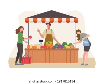 Local market sell vegetables and fruit. Vegetable and fruit seller, Local farmer sell their crops. Market stalls business concept, Local market farmer shops. Vector illustration in a flat style
