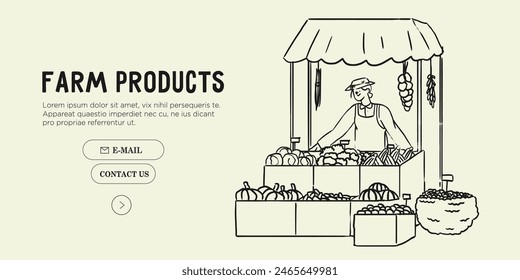 Der lokale Markt verkauft Gemüse und Obst. Lokale Bauern verkaufen ihre Produkte auf der Theke und in Kisten. Marktstände oder Zelt mit landwirtschaftlicher Produktion. Vektorillustration aus Holzkohle, Skizzenstil mit Tinte.