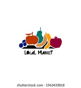 Local market signboard template. Vector illustration with fruits. Healthy food or natural product logo illustration.