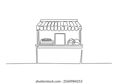 Local market stall. Food and farmers produk in street market stall in continuous one line drawing. Editable vector.