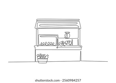 Local market stall. Food and farmers produk in street market stall in continuous one line drawing. Editable vector.