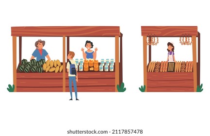 Local Market Stall with Salesman Trading Bread and Dairy Product Vector Set