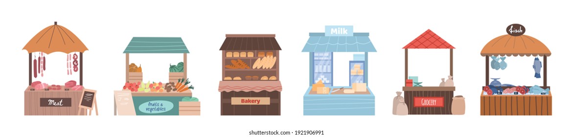 Local Market Stalls. Street Shops With Fresh Farmers Organic Food - Meat And Fish, Vegetable And Fruits, Bakery And Grocery, Milk And Dairy Products. Flat Vector Illustrations.