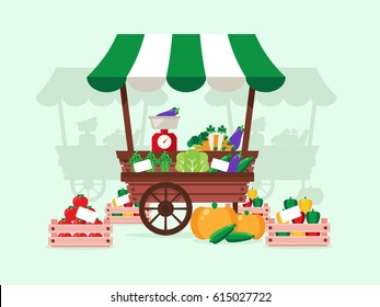 Local Market. Stand with Vegetables- Carrot, Tomato, Pepper, Pumpkin, Asparagus. Flat Design Style. 